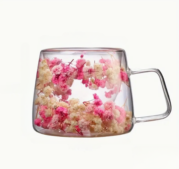 Pink & White Flowers Double Wall Glass Cup