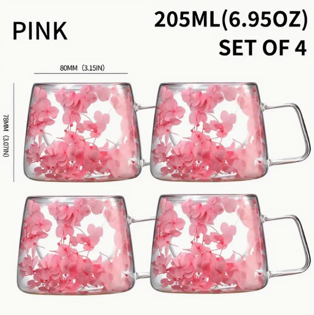 Pink Flowers Double Wall Glass Cup