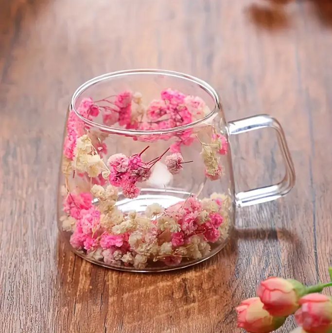 Pink & White Flowers Double Wall Glass Cup