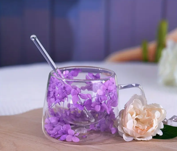 Amethyst Purple Flowers Double Wall Glass Cup