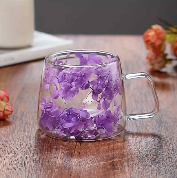 Amethyst Purple Flowers Double Wall Glass Cup