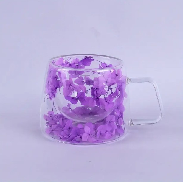 Amethyst Purple Flowers Double Wall Glass Cup