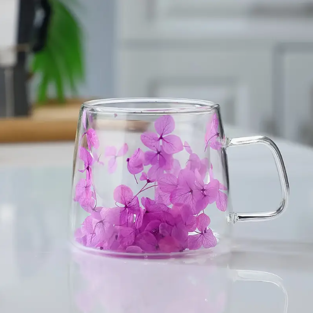 Amethyst Purple Flowers Double Wall Glass Cup