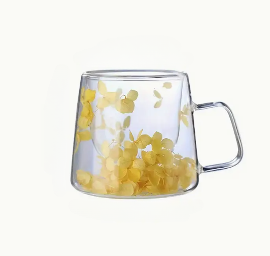 Yellow Flowers Double Wall Glass Cup