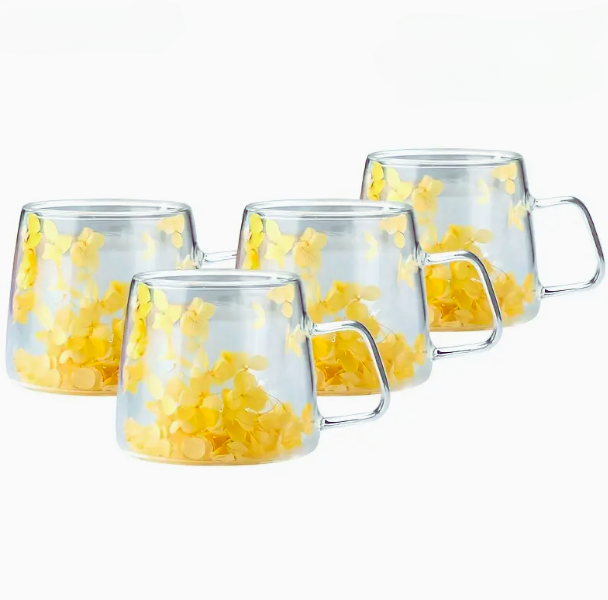 Yellow Flowers Double Wall Glass Cup