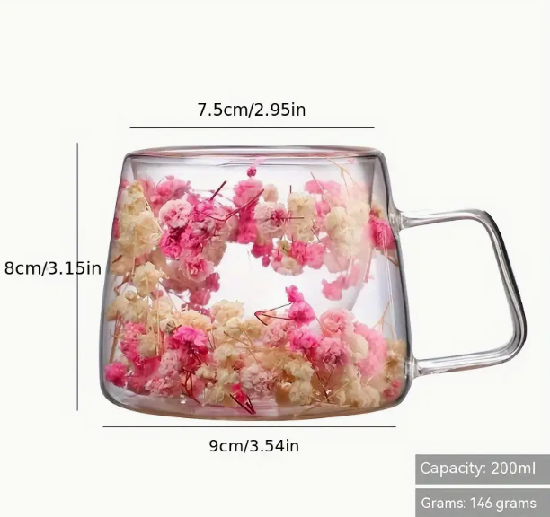 Pink & White Flowers Double Wall Glass Cup